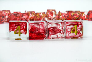 Red swirling translucent sharp-edged dice