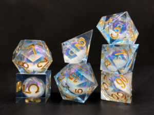 Glittering liquid core dice