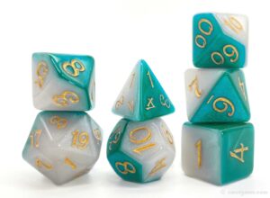 Halfsies dice set, a new acrylic set, used two mold pours made of dice, half of each color.